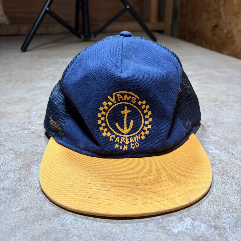 Vans Captain Fin Co Trucker Hat Navy Blue Yellow Anchor Snapback Mesh Cap